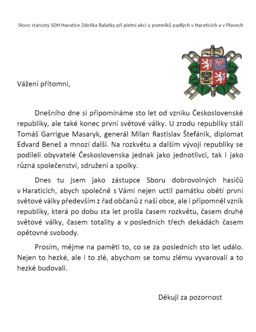 Slovo starosty SDH Haratice Zdeňka Balatky při&nbsp;pietní akci u&nbsp;pomníků padlých v&nbsp;Haraticích a&nbsp;v Plavech